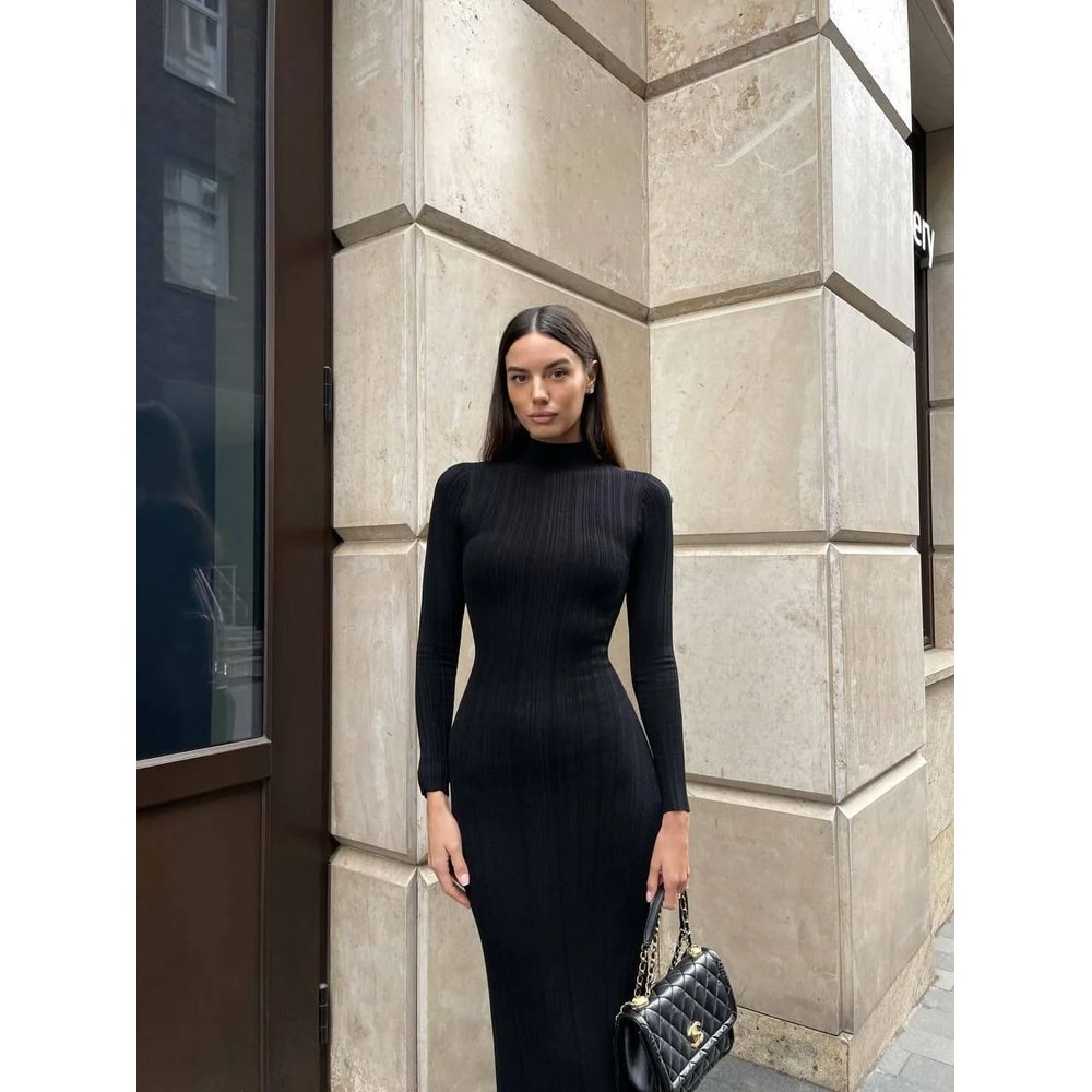 VEITCHE Knitted LongSleeved Sweater Dress Sexy Slim Fit Striped Winter Maxi 3