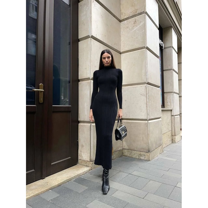 VEITCHE Knitted LongSleeved Sweater Dress Sexy Slim Fit Striped Winter Maxi 4