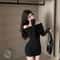 Black OffShoulder Elegant Mini Dress Slim Sexy Long Sleeve Bodycon 6