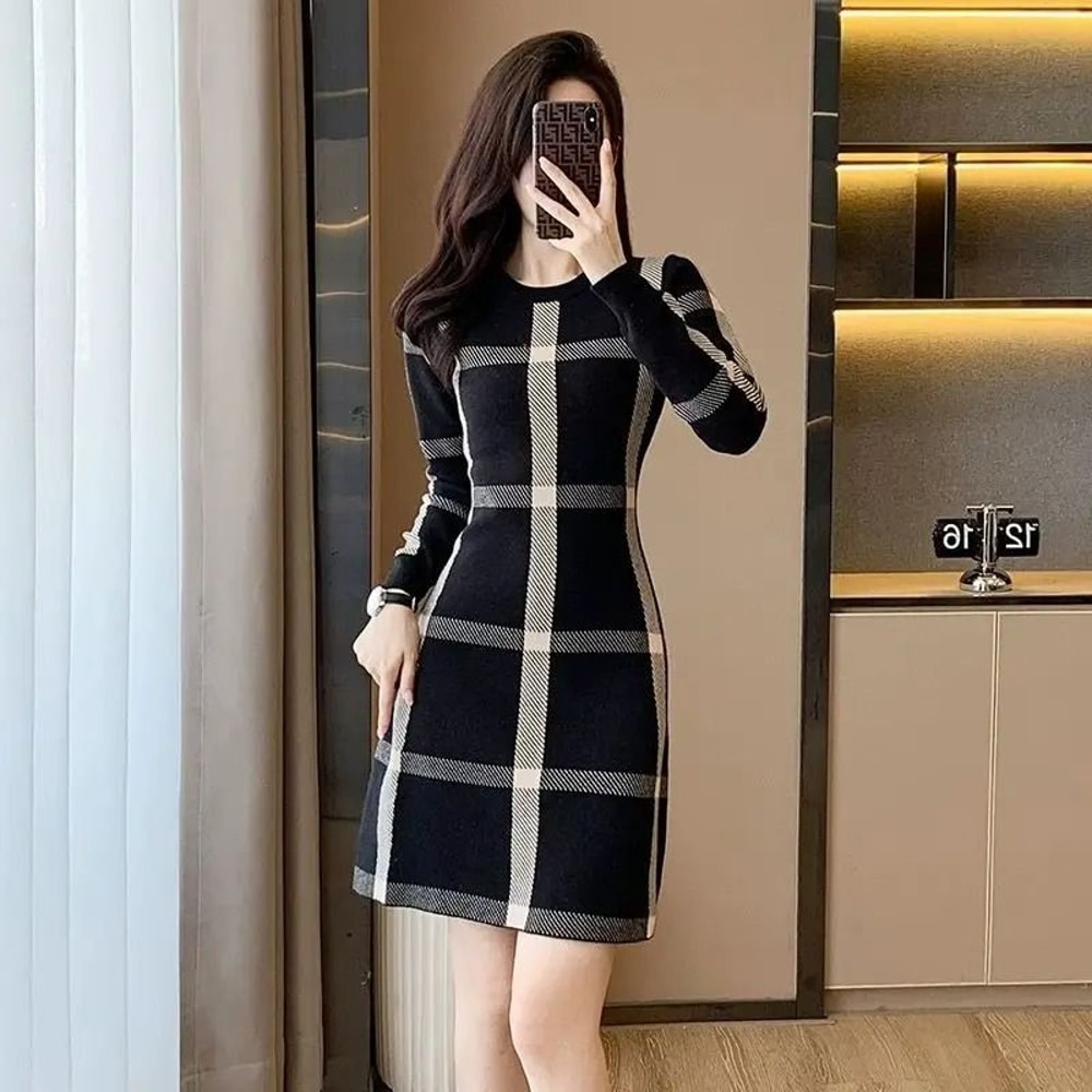 Slim Fit Knitted Sweater Dress Elegant Autumn Winter Bottoming Skirt For Women 0