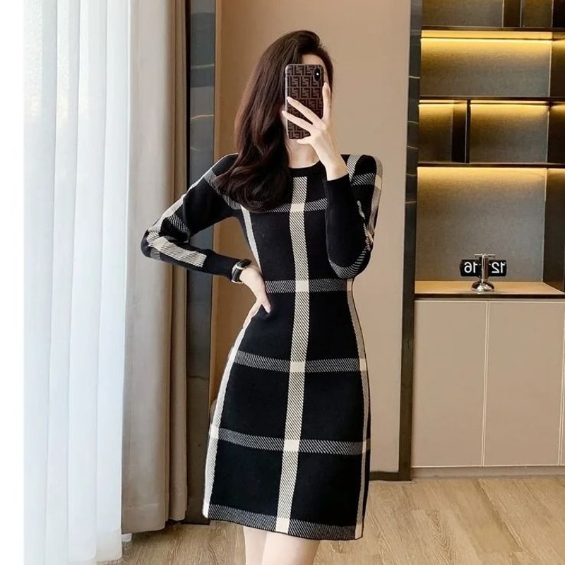 Slim Fit Knitted Sweater Dress Elegant Autumn Winter Bottoming Skirt For Women 2