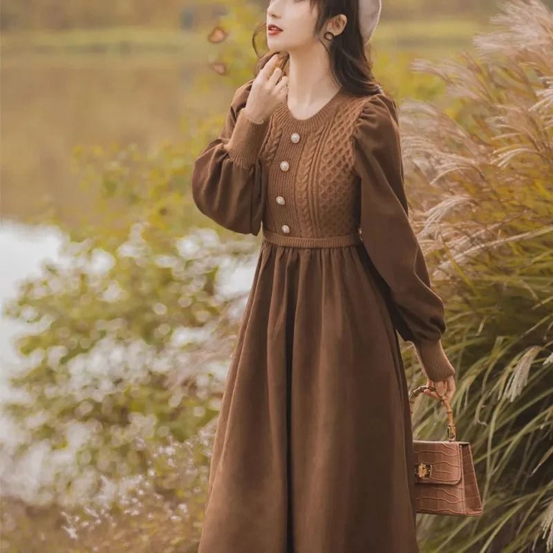 Casual ONeck Lantern Sleeve Fake Two Piece Knitted Dress Autumn Winter Ladies Long Sweater Dress 1