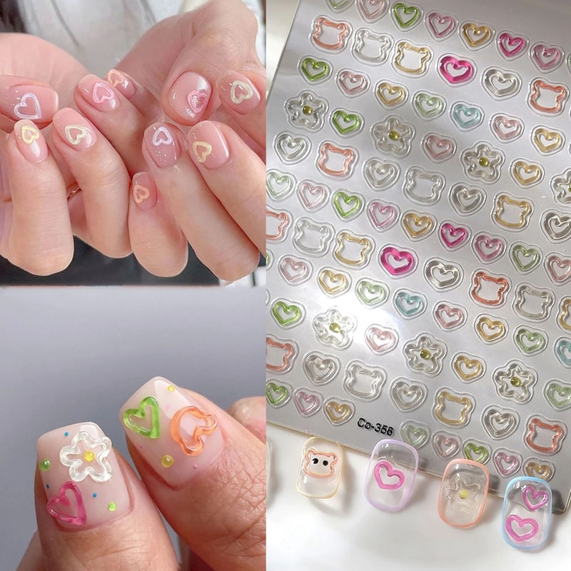 3D Embossed Nail Art Stickers Cute Hollow Bear Heart Flower Self Adhesive DIY Manicure Decals 0