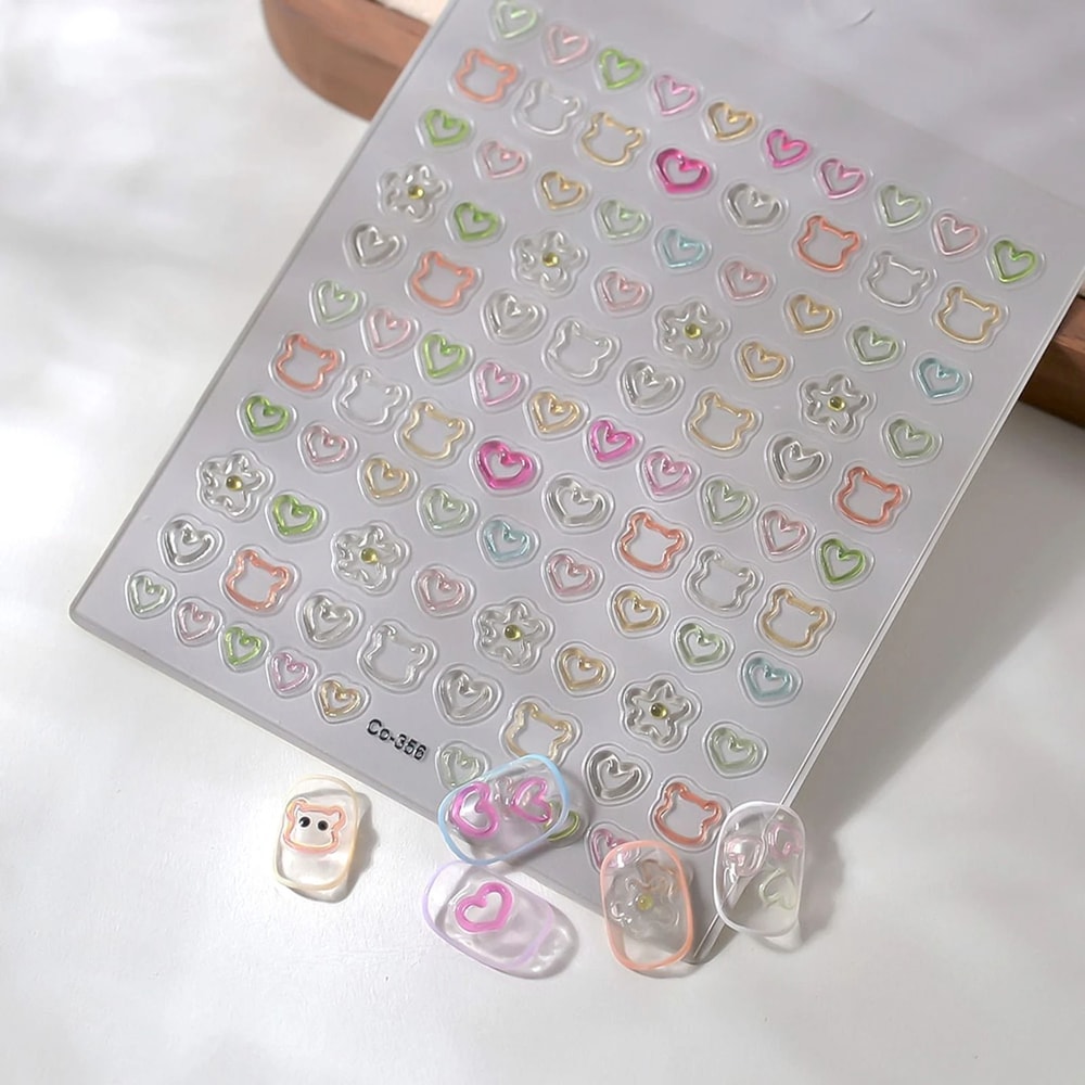 3D Embossed Nail Art Stickers Cute Hollow Bear Heart Flower Self Adhesive DIY Manicure Decals 2