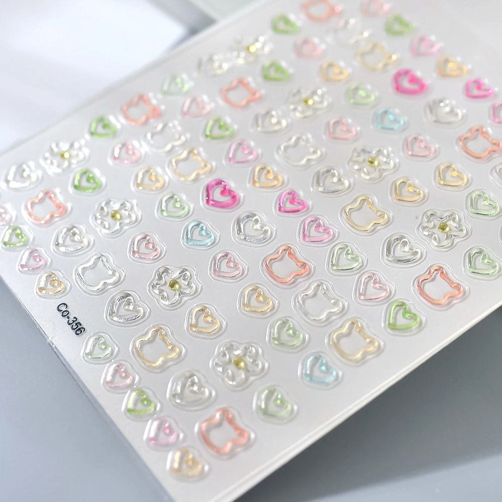 3D Embossed Nail Art Stickers Cute Hollow Bear Heart Flower Self Adhesive DIY Manicure Decals 3