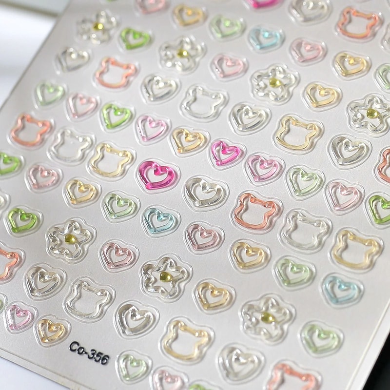 3D Embossed Nail Art Stickers Cute Hollow Bear Heart Flower Self Adhesive DIY Manicure Decals 4