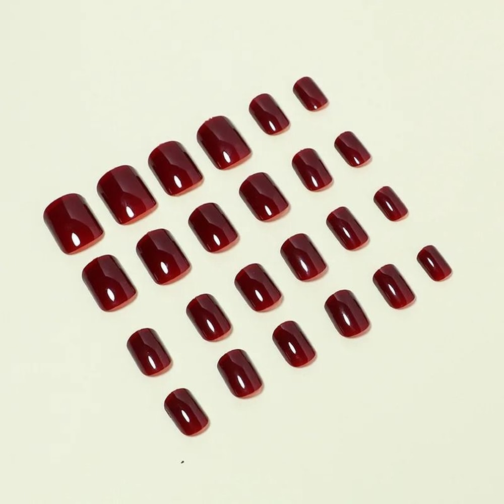 24Pcs Solid Color Wine Red Press On Nail Short Square Simple Full Cover Detachable False Nails 1