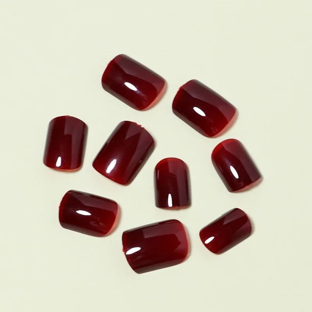24Pcs Solid Color Wine Red Press On Nail Short Square Simple Full Cover Detachable False Nails 2