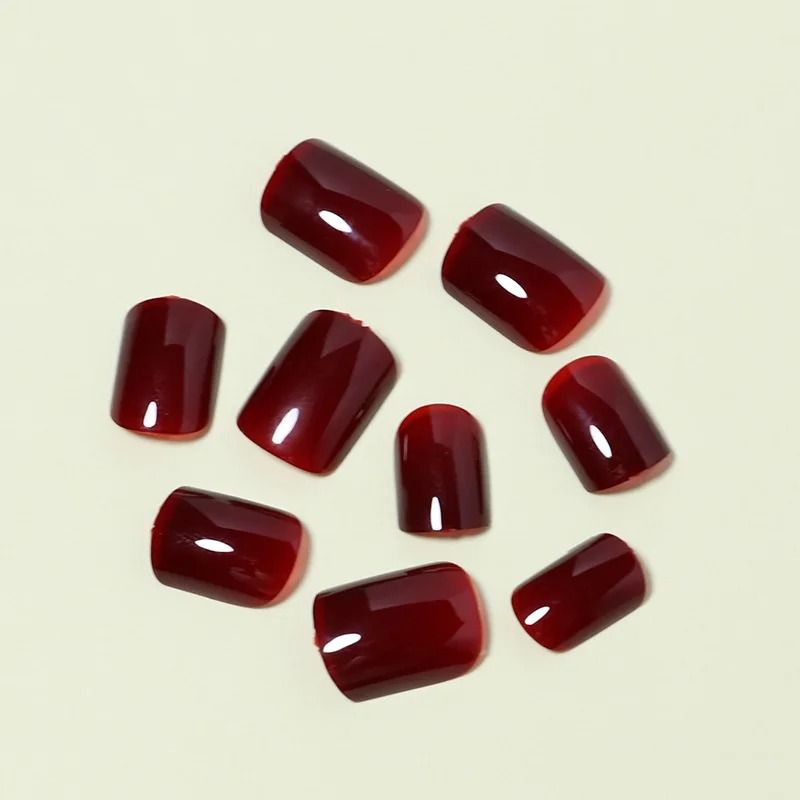 24Pcs Solid Color Wine Red Press On Nail Short Square Simple Full Cover Detachable False Nails 2