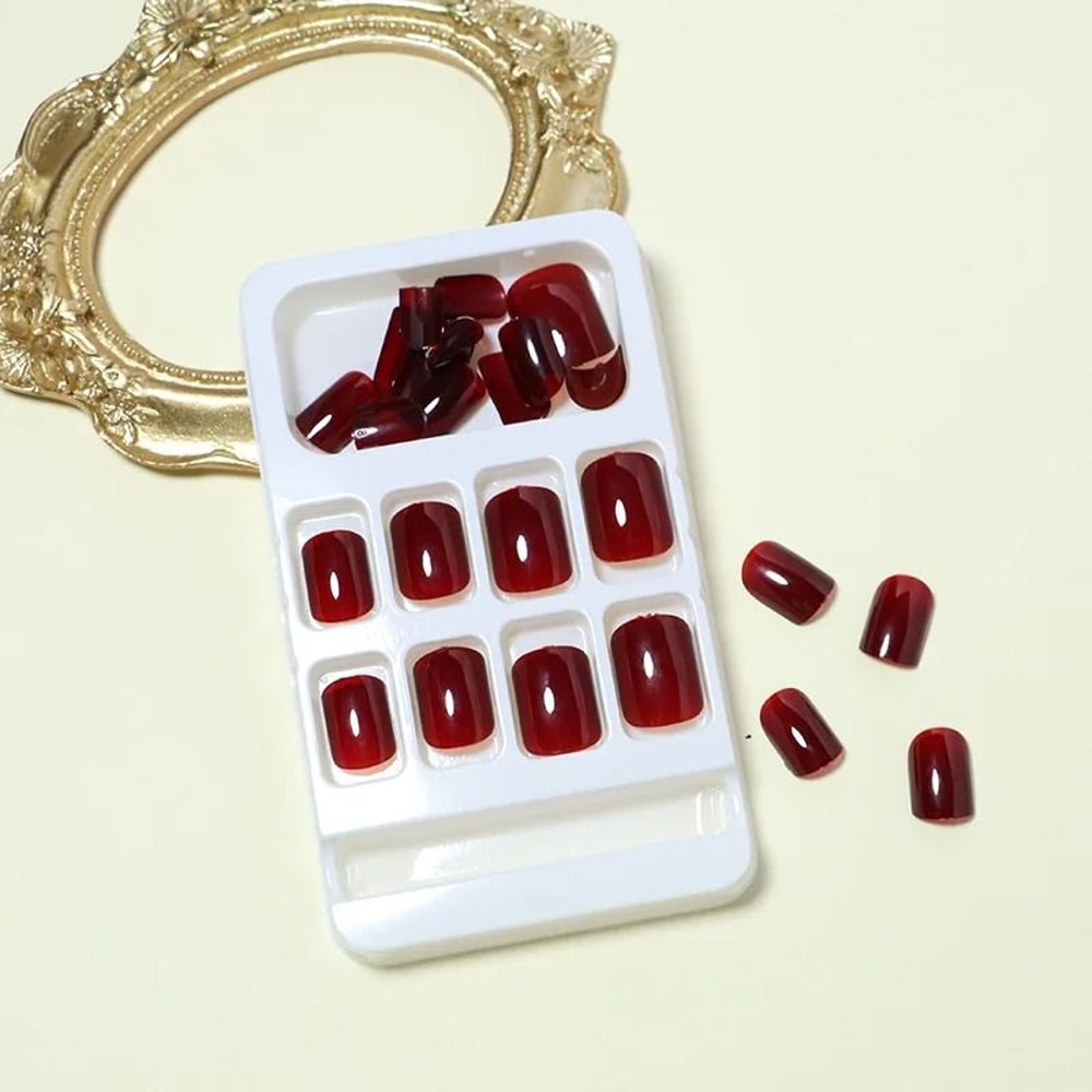 24Pcs Solid Color Wine Red Press On Nail Short Square Simple Full Cover Detachable False Nails 3