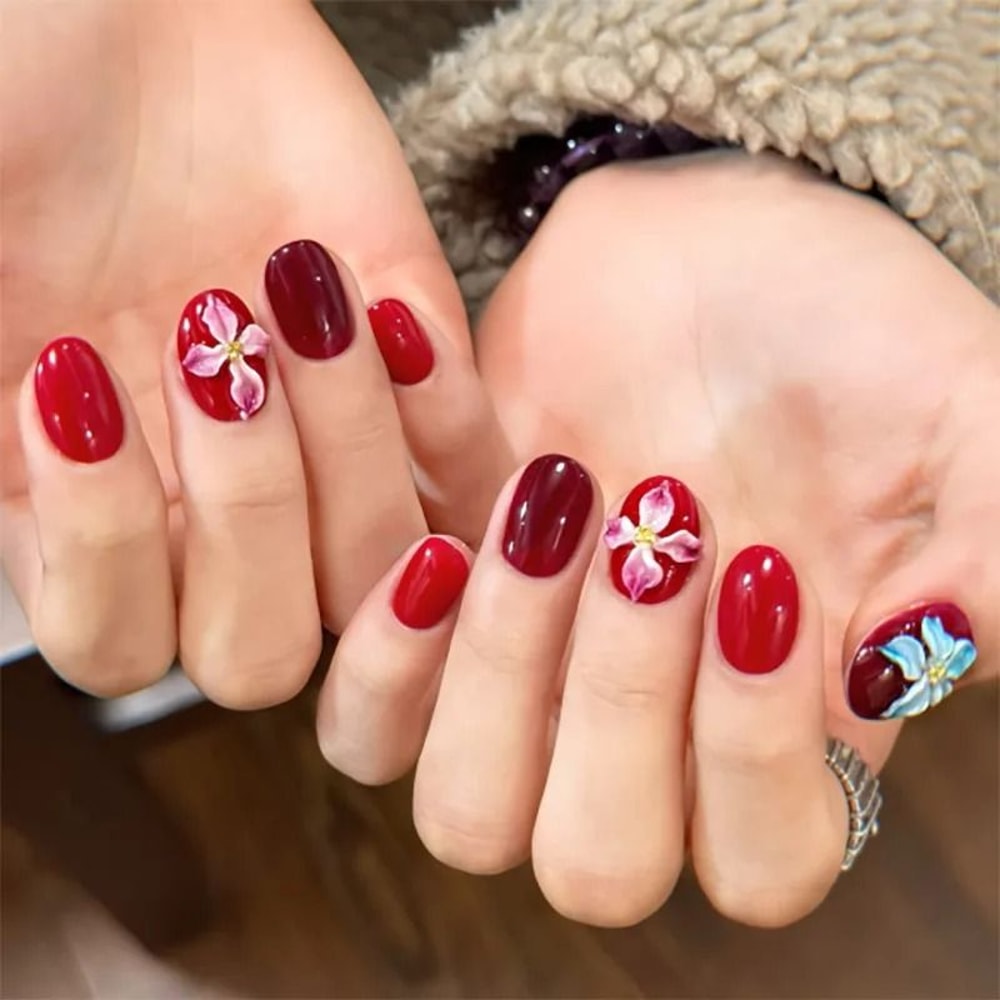 24Pcs Solid Color Wine Red Press On Nail Short Square Simple Full Cover Detachable False Nails 6