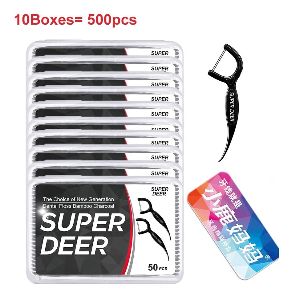 Super Deer 500Pcs Twin Line Bamboo Charcoal Dental Floss Picks High Performance Oral Care Tool 6