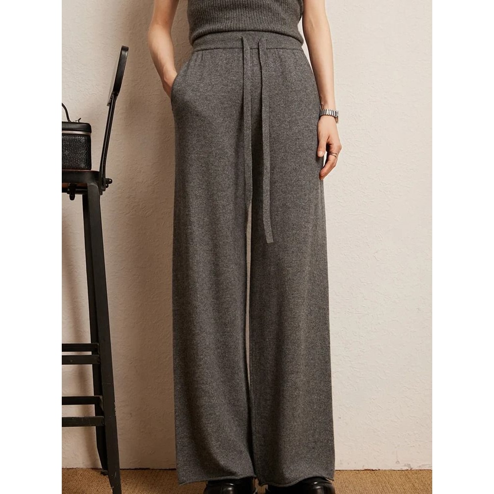 100 Cashmere Thin Office Straight Pants Autumn Winter Warm Curled Hem Knitted Lounge Trousers 0