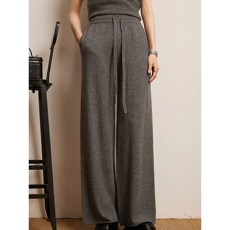 100 Cashmere Thin Office Straight Pants Autumn Winter Warm Curled Hem Knitted Lounge Trousers 0