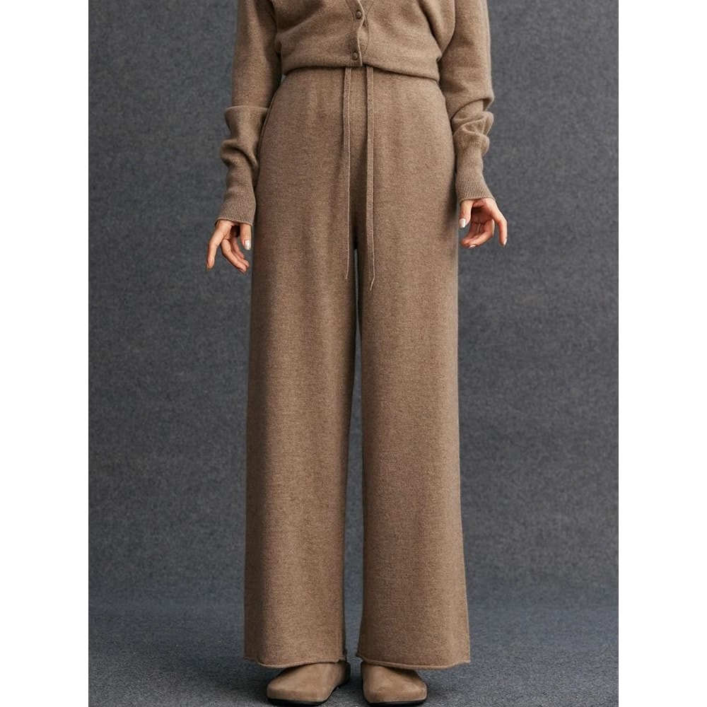 100 Cashmere Thin Office Straight Pants Autumn Winter Warm Curled Hem Knitted Lounge Trousers 1