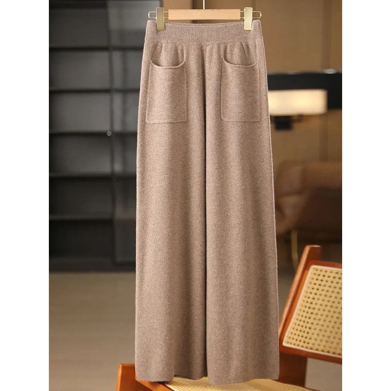 Women 100 Merino Wool Knitted Wide Leg Pants Autumn Winter Loose Soft Warm Bottoms With Pockets 0