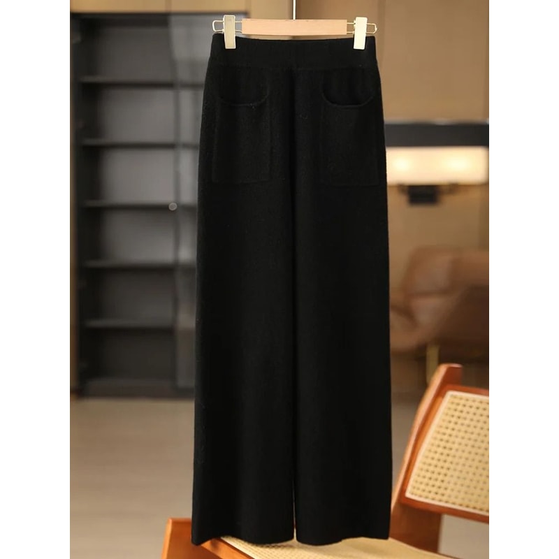 Women 100 Merino Wool Knitted Wide Leg Pants Autumn Winter Loose Soft Warm Bottoms With Pockets 1