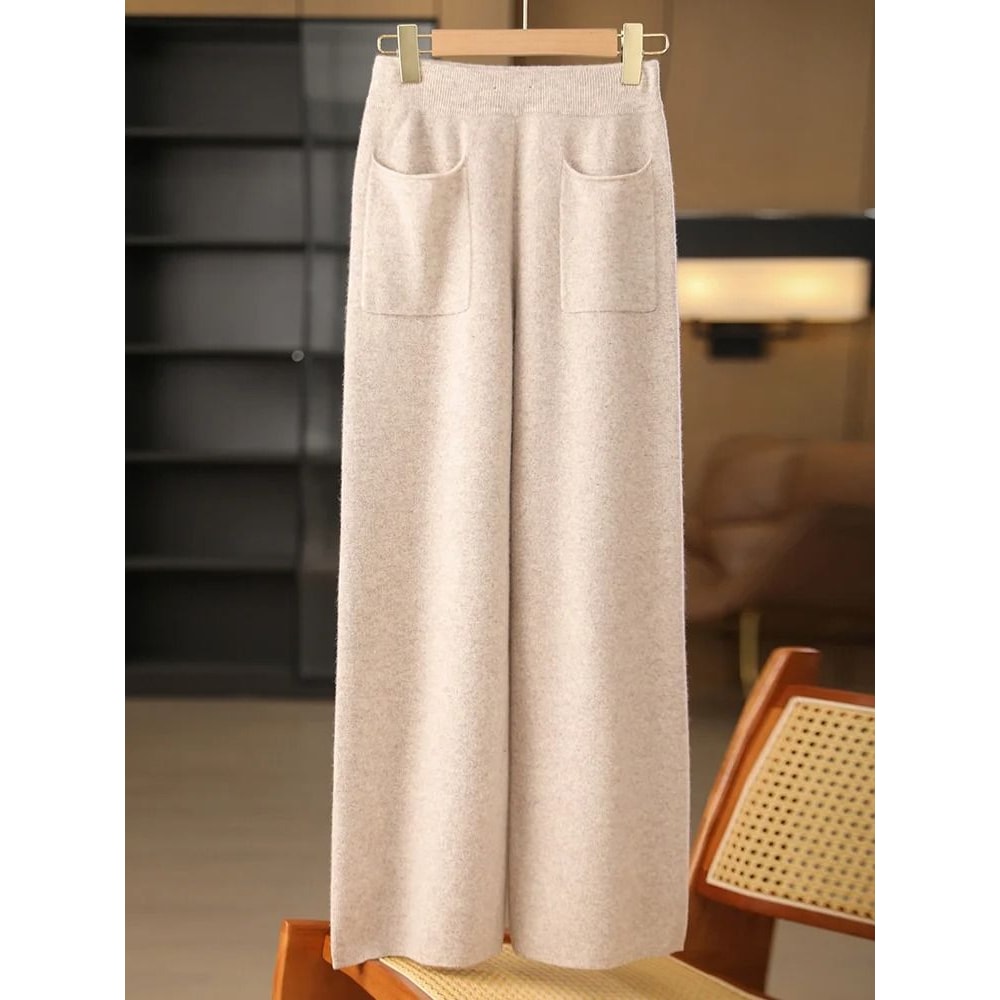 Women 100 Merino Wool Knitted Wide Leg Pants Autumn Winter Loose Soft Warm Bottoms With Pockets 2