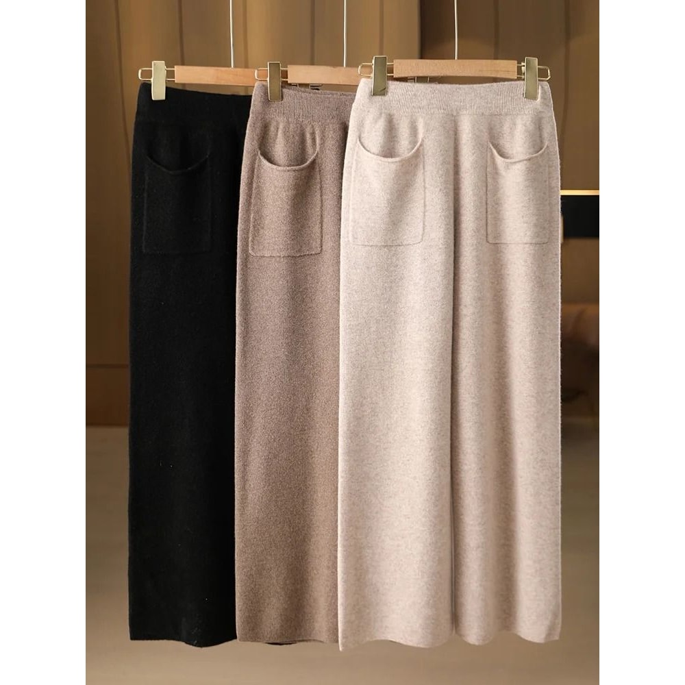 Women 100 Merino Wool Knitted Wide Leg Pants Autumn Winter Loose Soft Warm Bottoms With Pockets 3