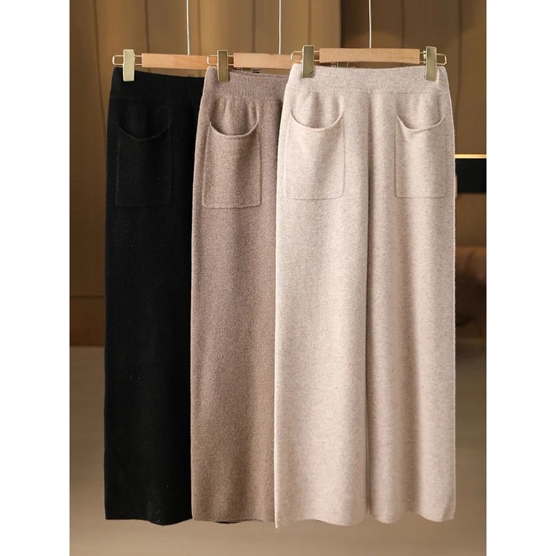 Women 100 Merino Wool Knitted Wide Leg Pants Autumn Winter Loose Soft Warm Bottoms With Pockets 3