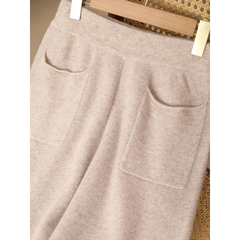 Women 100 Merino Wool Knitted Wide Leg Pants Autumn Winter Loose Soft Warm Bottoms With Pockets 4