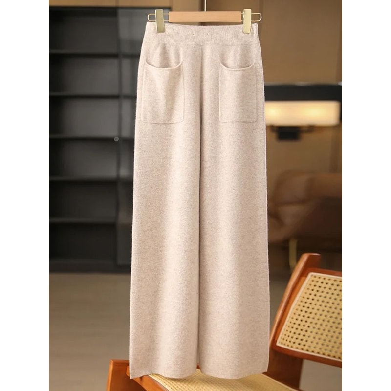 Women 100 Merino Wool Knitted Wide Leg Pants Autumn Winter Loose Soft Warm Bottoms With Pockets 7