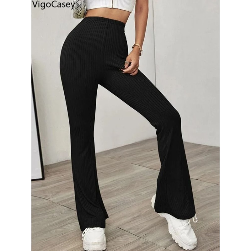 VigoCasey 2025 Casual Knit High Waist Bell Bottom Pants Autumn Winter Solid Office Trousers 2