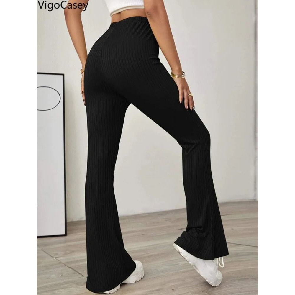 VigoCasey 2025 Casual Knit High Waist Bell Bottom Pants Autumn Winter Solid Office Trousers 4