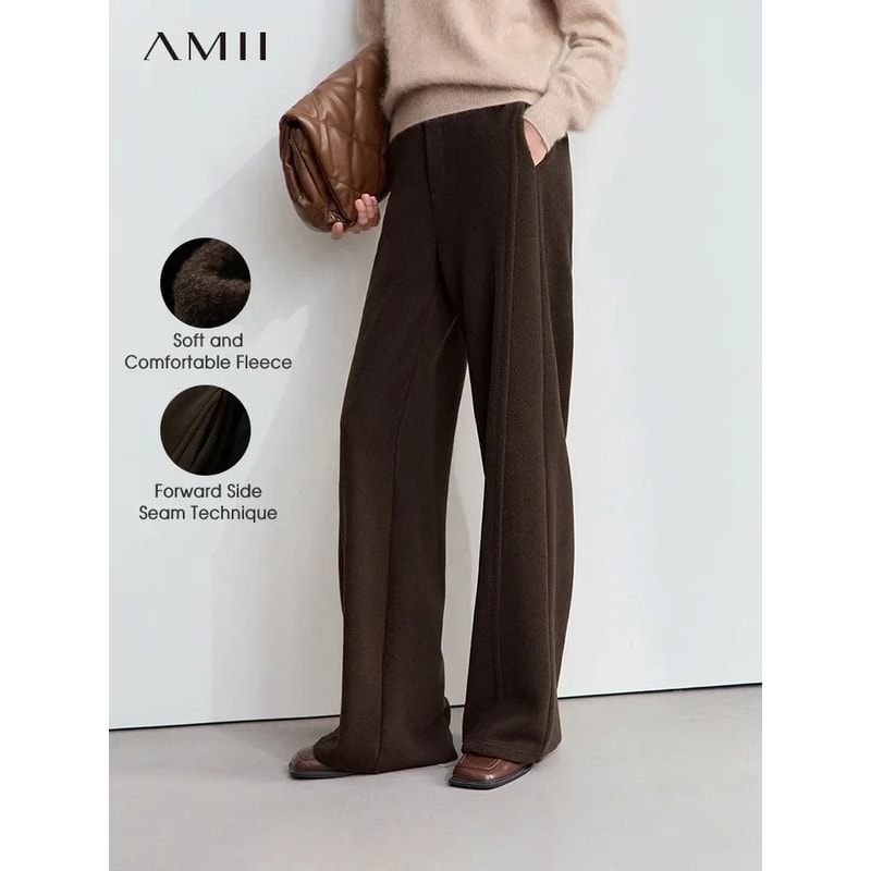 AMII Minimalist Winter Suede Wide Leg Trousers False Placket Elastic Waist Professional Office Pant 0