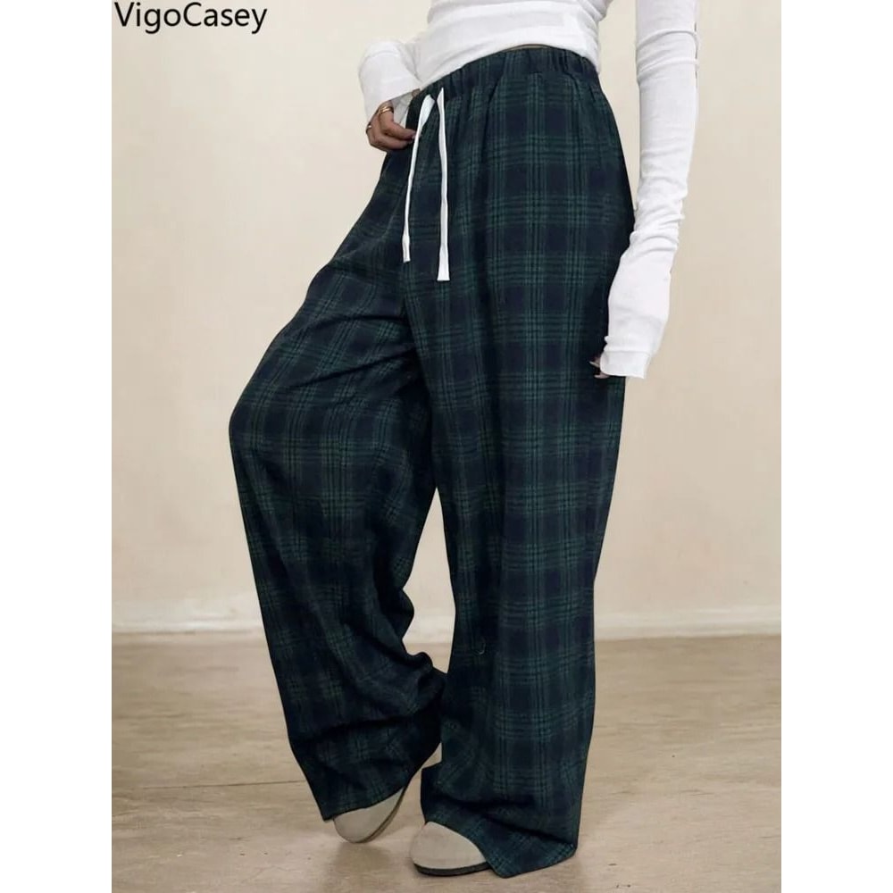 VigoCasey 2025 Women Plaid Print Casual High Waist Wide Leg Pants Green Baggy Autumn Winter Trouser 1