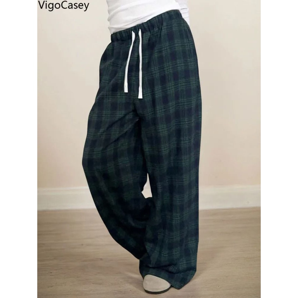 VigoCasey 2025 Women Plaid Print Casual High Waist Wide Leg Pants Green Baggy Autumn Winter Trouser 2