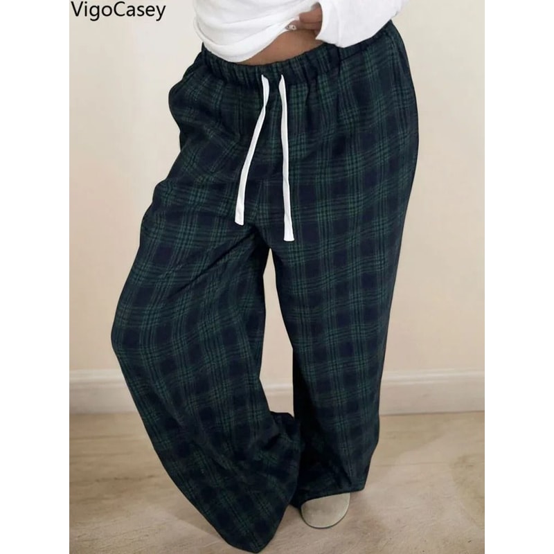 VigoCasey 2025 Women Plaid Print Casual High Waist Wide Leg Pants Green Baggy Autumn Winter Trouser 3
