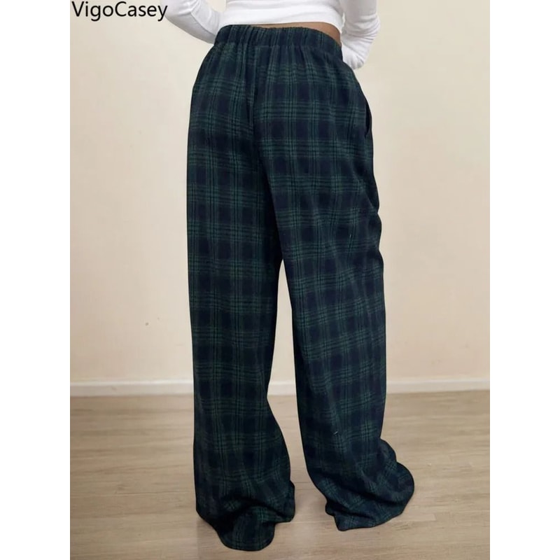 VigoCasey 2025 Women Plaid Print Casual High Waist Wide Leg Pants Green Baggy Autumn Winter Trouser 4