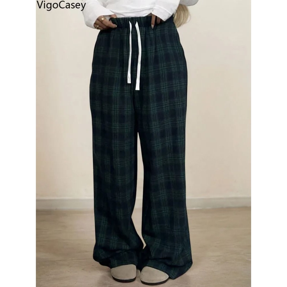 VigoCasey 2025 Women Plaid Print Casual High Waist Wide Leg Pants Green Baggy Autumn Winter Trouser 5