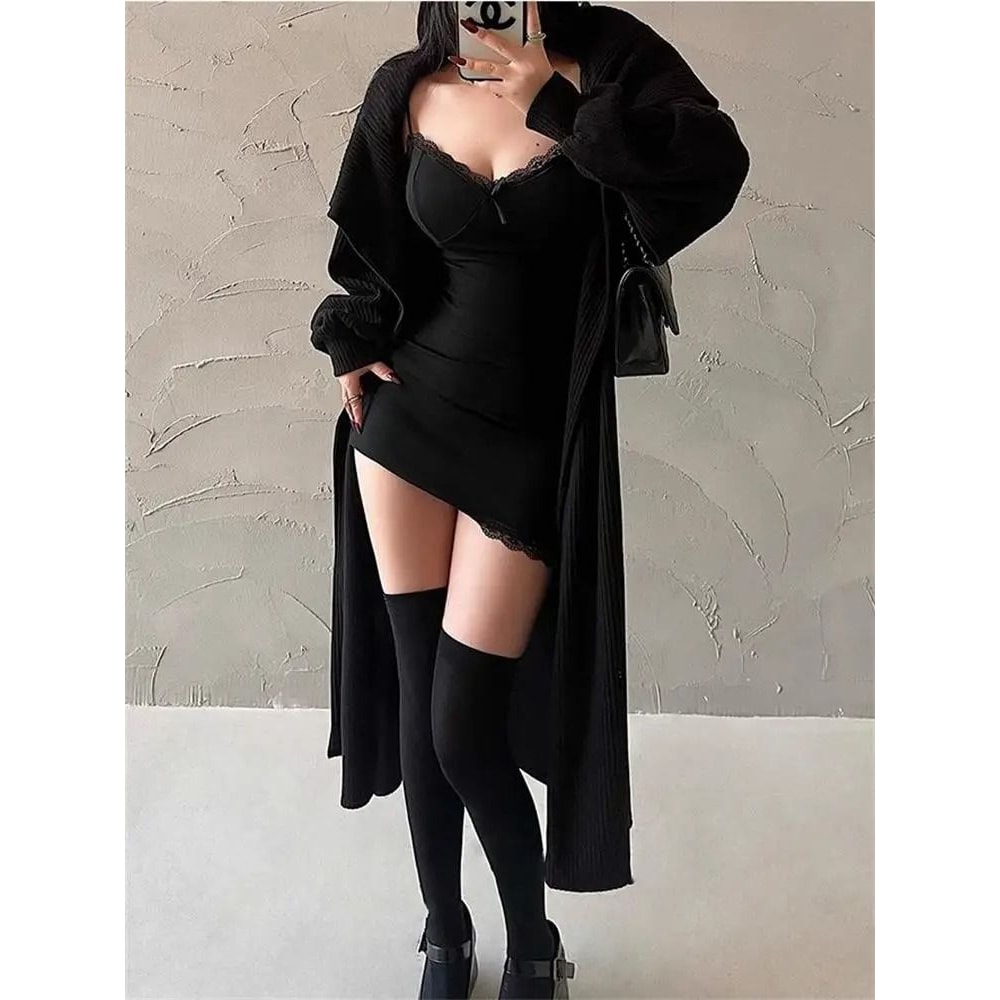 Y2K Retro Lace Patchwork Spaghetti Strap Black Bodycon Mini Dress Fashion Aesthetic Sexy Party Wear 1