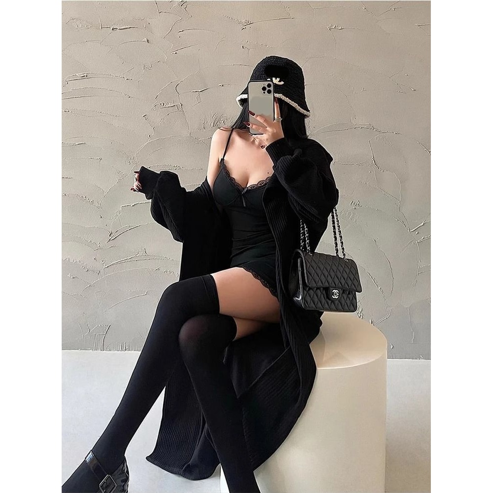 Y2K Retro Lace Patchwork Spaghetti Strap Black Bodycon Mini Dress Fashion Aesthetic Sexy Party Wear 5