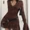 Summer Y2K Sheer Mesh Lace Bodycon Dress Flared Long Sleeve VNeck Mini Party Club Evening Dress 4