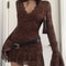 Summer Y2K Sheer Mesh Lace Bodycon Dress Flared Long Sleeve VNeck Mini Party Club Evening Dress 4