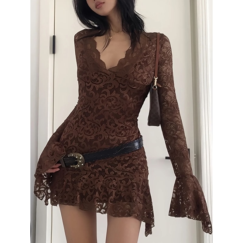 Summer Y2K Sheer Mesh Lace Bodycon Dress Flared Long Sleeve VNeck Mini Party Club Evening Dress 4