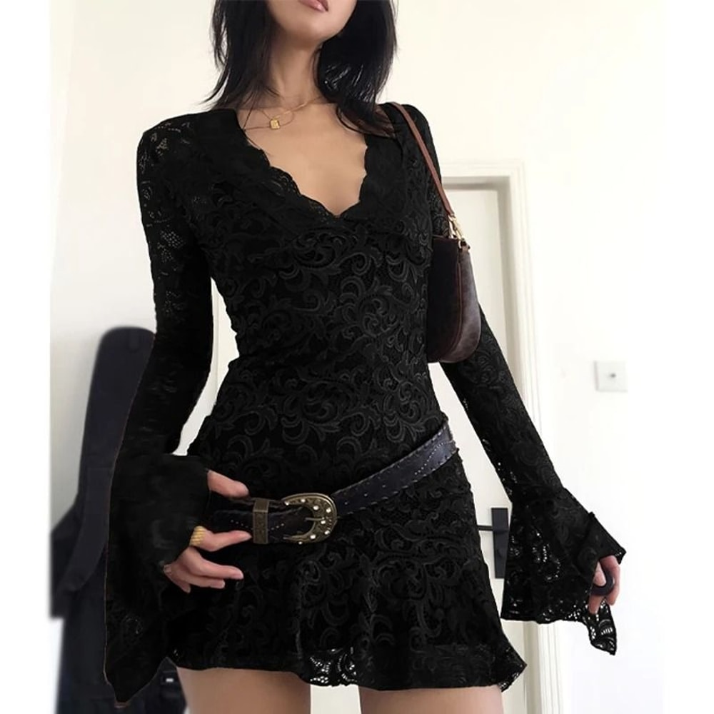 Summer Y2K Sheer Mesh Lace Bodycon Dress Flared Long Sleeve VNeck Mini Party Club Evening Dress 7