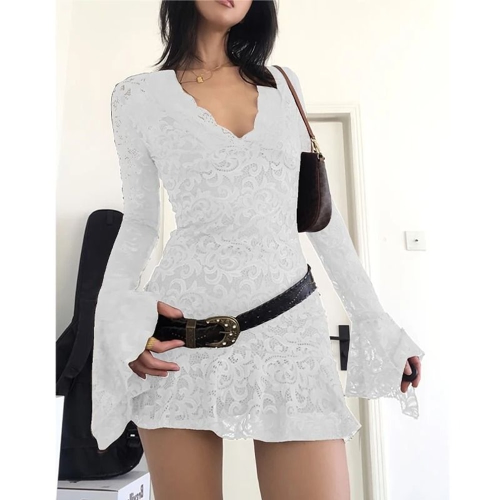Summer Y2K Sheer Mesh Lace Bodycon Dress Flared Long Sleeve VNeck Mini Party Club Evening Dress 8