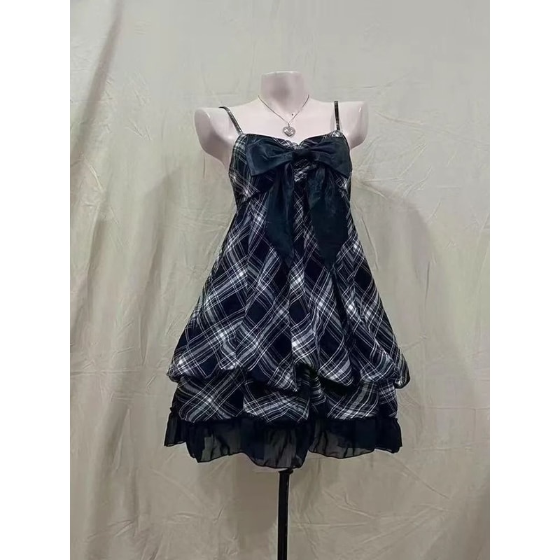 2025 Japanese Vintage Style Black Lace Strap Dress Korean Fashion Summer Sweet Patchwork One Piece 0