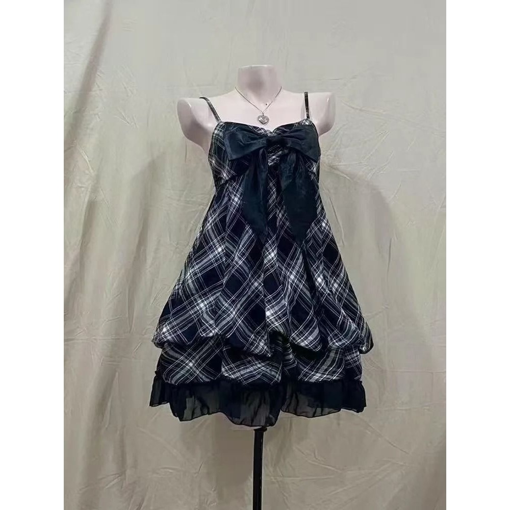 2025 Japanese Vintage Style Black Lace Strap Dress Korean Fashion Summer Sweet Patchwork One Piece 6