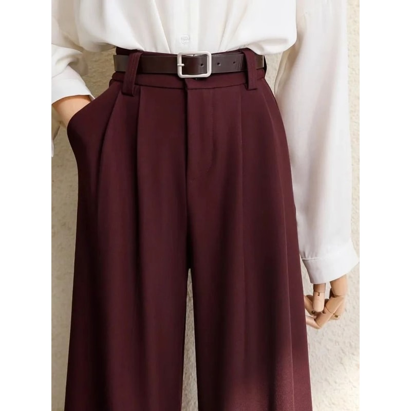 2026 Burgundy Wide Leg Suit Pants Elegant High Waist Office Lady Fashion Trousers With Pockets 0