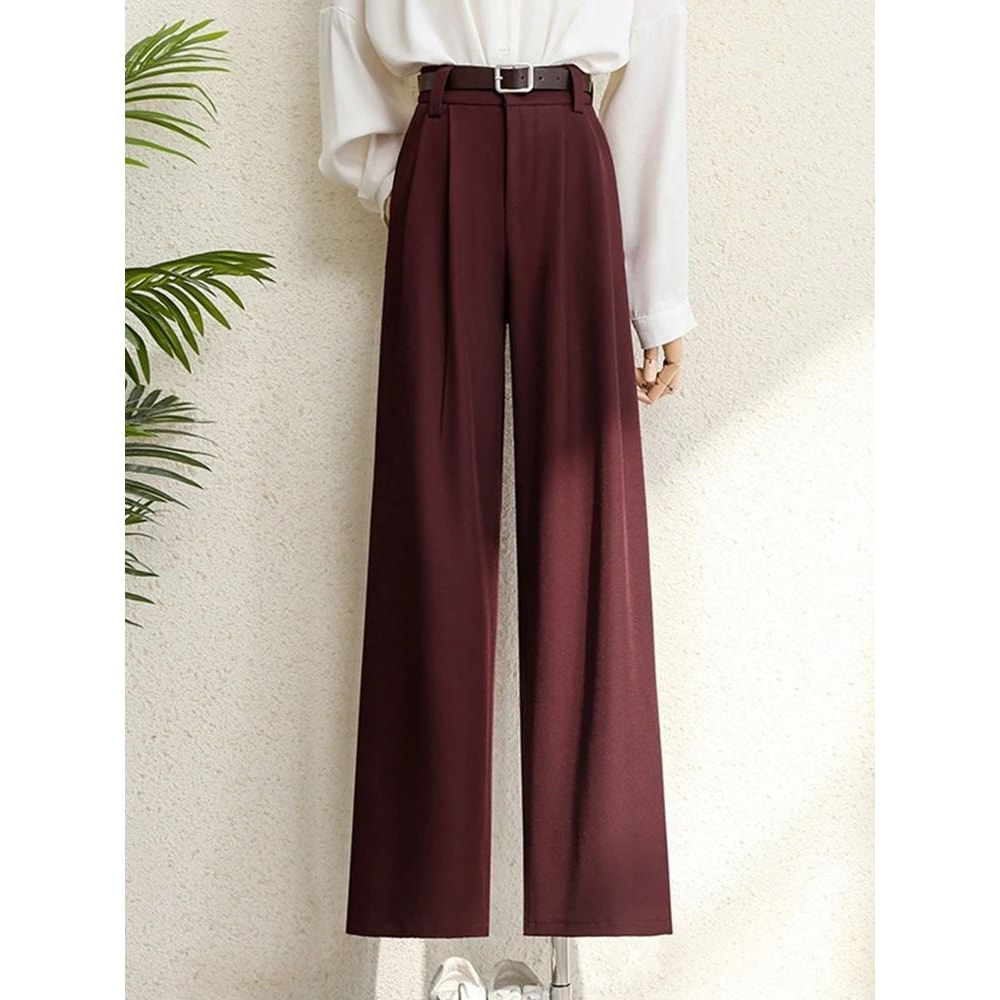 2026 Burgundy Wide Leg Suit Pants Elegant High Waist Office Lady Fashion Trousers With Pockets 1