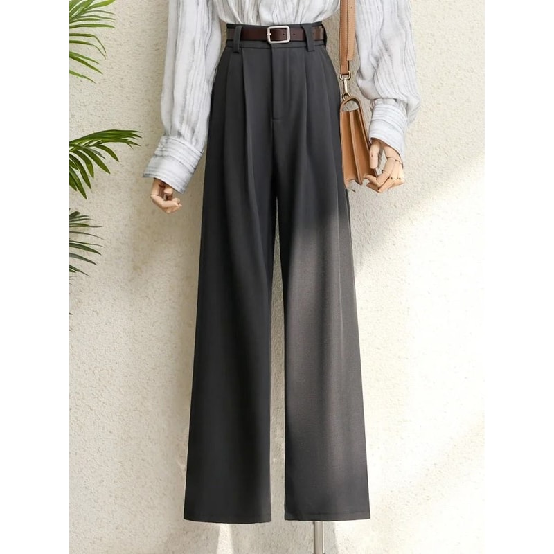 2026 Burgundy Wide Leg Suit Pants Elegant High Waist Office Lady Fashion Trousers With Pockets 2