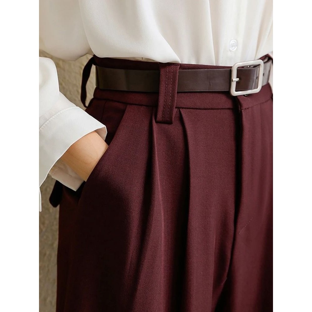 2026 Burgundy Wide Leg Suit Pants Elegant High Waist Office Lady Fashion Trousers With Pockets 4