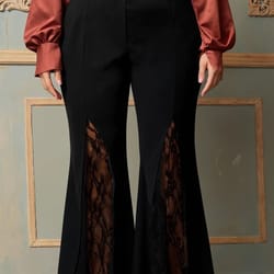 plus size lace patchwork hollow out high waist tailored flare pants casual office lady trousers