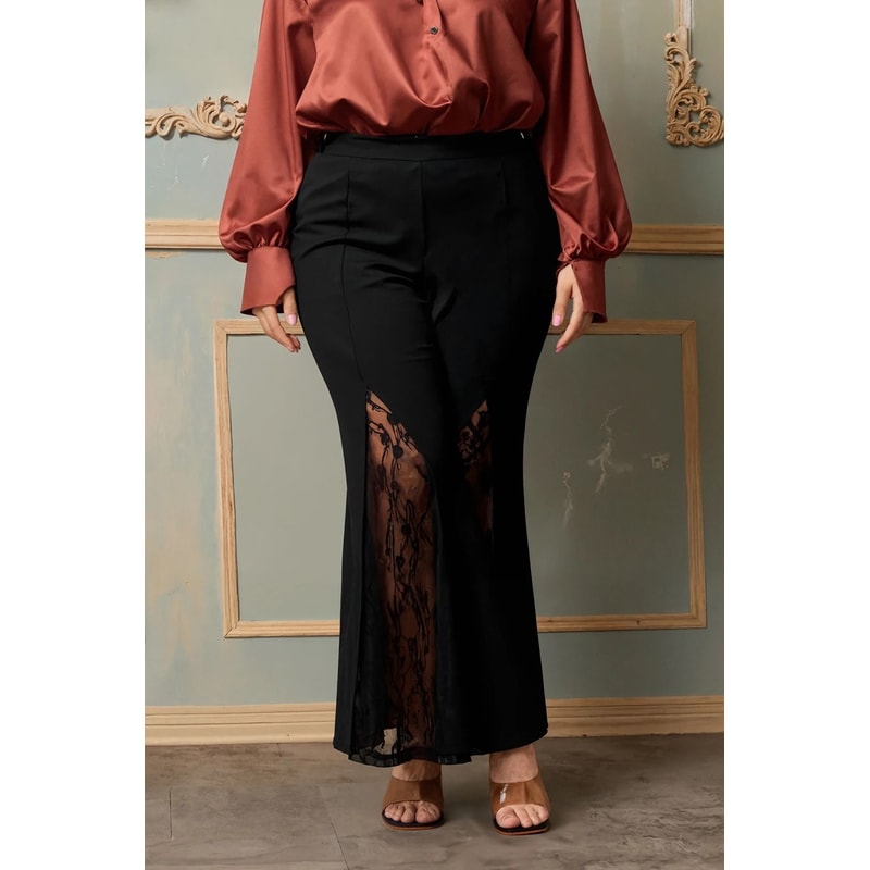 Plus Size Lace Patchwork Hollow Out High Waist Tailored Flare Pants Casual Office Lady Trousers 1