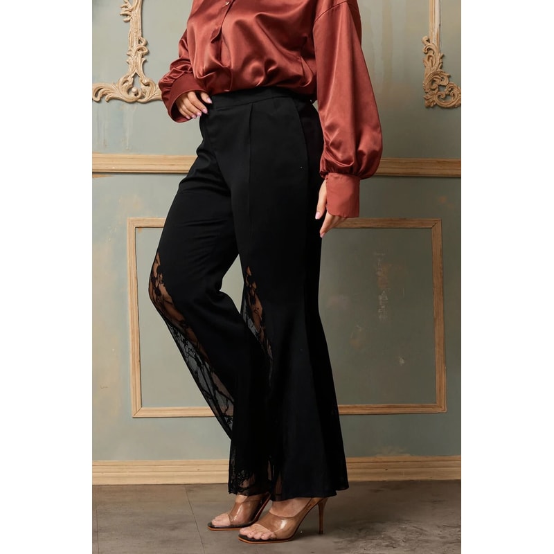 Plus Size Lace Patchwork Hollow Out High Waist Tailored Flare Pants Casual Office Lady Trousers 2